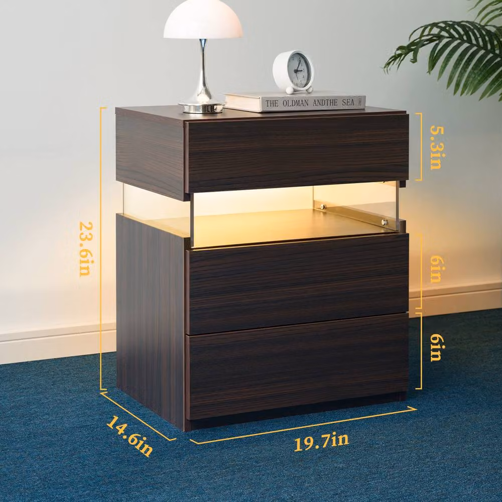 Direct Wicker Walnut Bedside Table with 3 Drawers, Acrylic Board and Integrated LED Lighting – 2