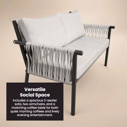 Solace+Co Kalina 4 Piece Rattan Garden Furniture Set with 2 Seater Sofa, 2 Armchairs and Coffee Table in Grey and Brown – 3