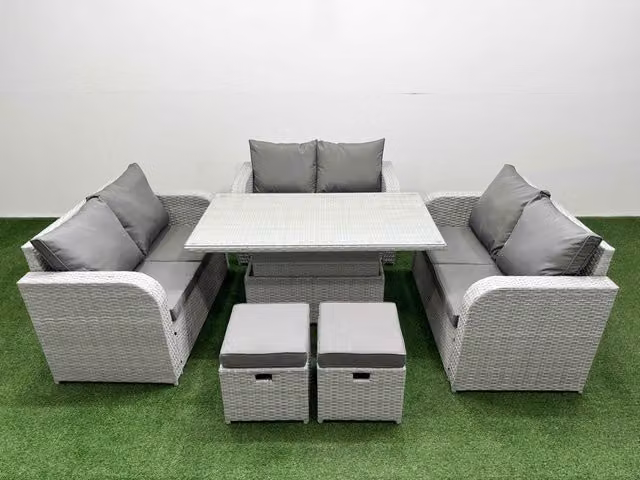 Fimous 8 Seater PE Wicker Rattan Garden Furniture Set in Light Grey with Adjustable Lifting Dining Table, 2 Seater Love Sofa and 2 Ottomans