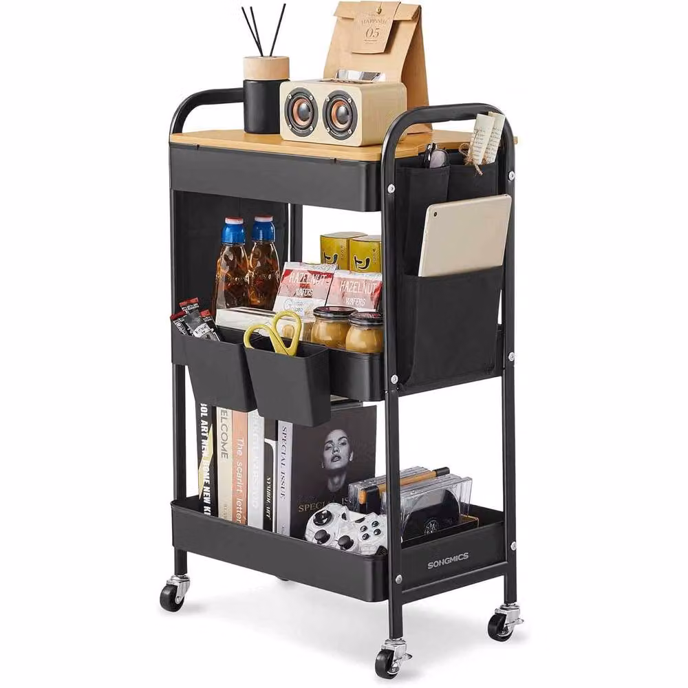 The Bazaarist 3 Tier Rolling Utility Cart with Wood Tabletop, Matt Black – 2