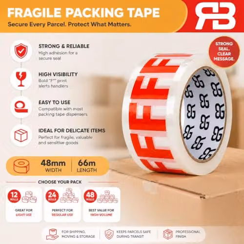 AQUARIUS Fragile Packing Tape, 12 Rolls, Red and Transparent, Width: 48 mm, Length: 66 m – 3