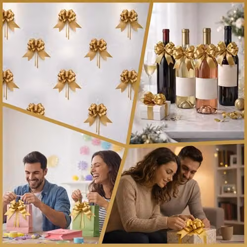 Shatchi 40pcs Gold Pull Bows for Gift Wrapping and Decorations, 3cm Width – 5