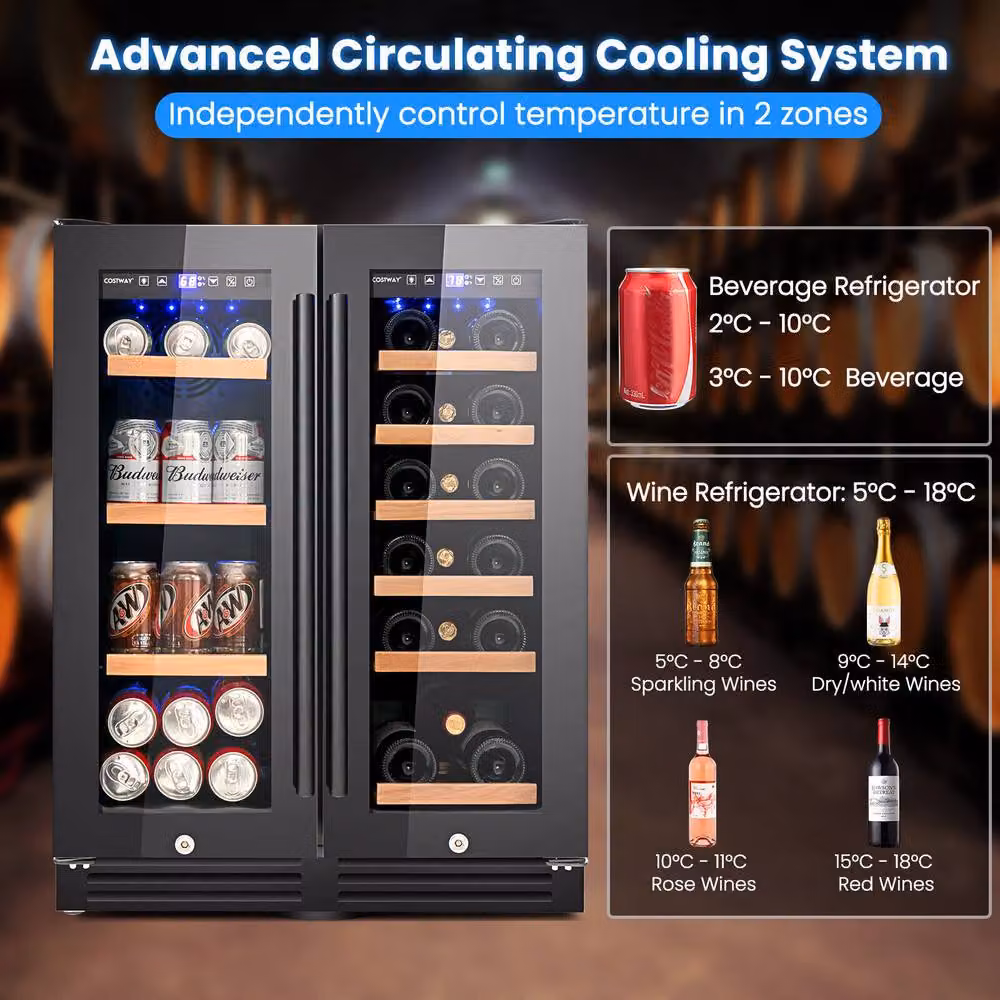 Costway 120L Double Door Dual Zone Beverage and Wine Fridge with Auto Defrost in Black – 4
