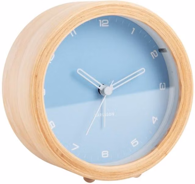 PRESENT TIME Karlsson Round Wooden Analog Quartz Alarm Clock in Light Soft Blue