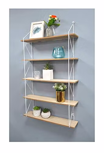 Spot On Dealz 5 Tier Modern White Floating Wall Mounted Shelving Unit with Oak MDF and Metal Frame – 3