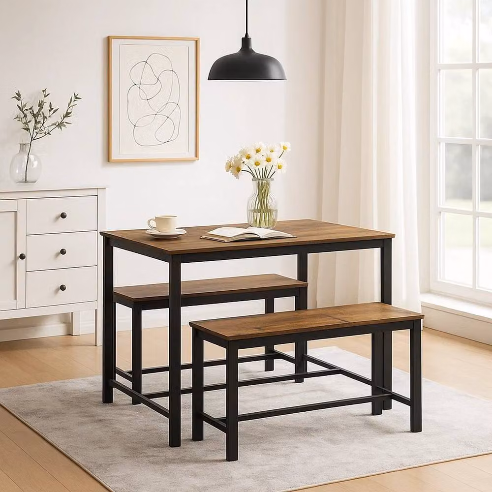 PAWNORA 3 Piece Modern Rectangular Kitchen Dining Set with Table and Benches in Brown – 3