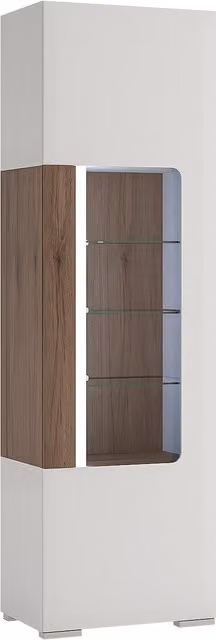 Furniture To Go Toronto Tall Narrow Glazed Display Cabinet with Internal Shelves and Integrated Lighting in White and Oak