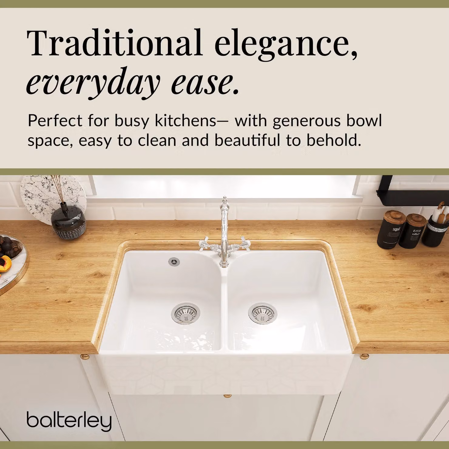 Balterley White Ceramic 2 Bowl Stepped Weir Butler Sink with Overflow and Tap Waste, W: 79.5 cm – 2