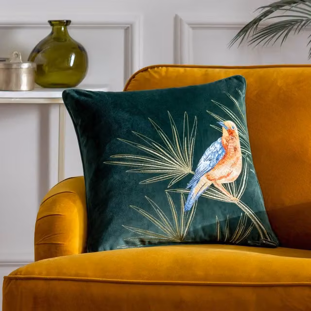 Paoletti Odisha Exotic Bird Embroidered Velvet Cushion in Green, W/D/H: 45 x 45 x 45 cm – 5
