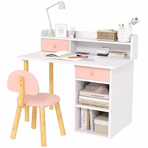AIYAPLAY Kids Desk and Chair Set in Pink and White for Ages 3-6 Years
