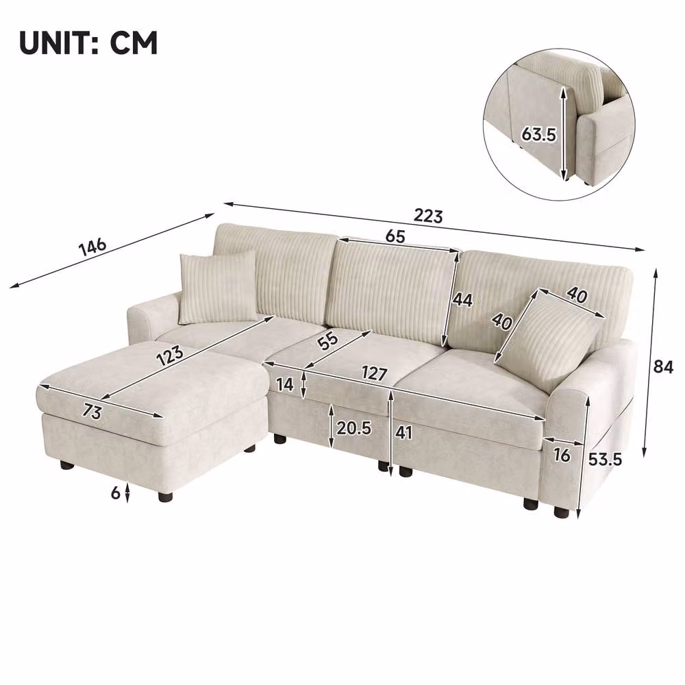 Merax Reversible L-Shape Chenille Corner Sofa in Beige with Matching Ottoman, Scatter Cushions and USB/Type-C Charging Ports – 2