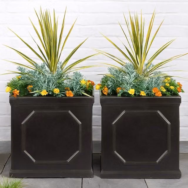 Idealist Chelsea Square Garden Planters, Set of 2 Faux Lead Flower Boxes in Grey and Silver