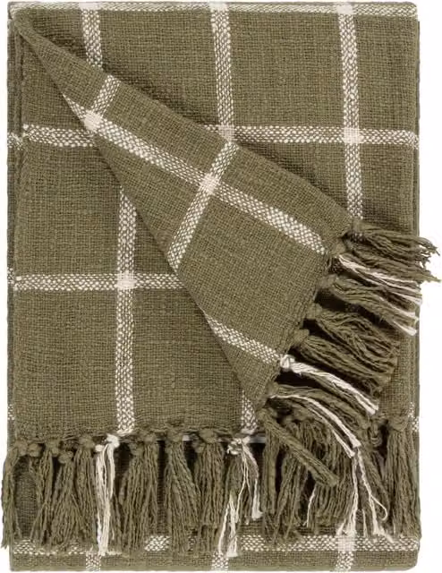 Beni Check Fringed Cotton Woven Throw in Moss Green and Natural