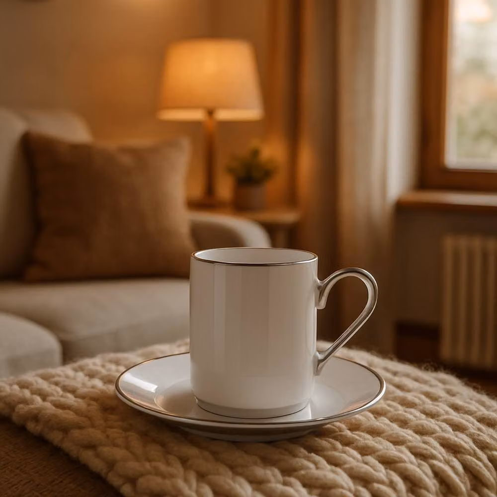 LSA Palazzo Porcelain Coffee Cup and Saucer, White and Silver, 100 ml – 4