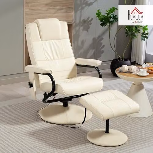 HOMCOM Swivel Recliner Chair with Footstool in Cream White PU Leather – 2