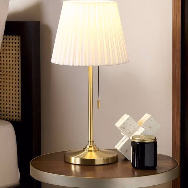 Wyld and Coco Brass Table Lamp with White Fabric Empire Shade in Gold