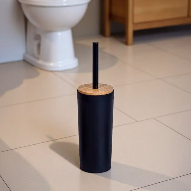 Showerdrape Sonata Black and Bamboo Freestanding Toilet Brush and Holder – 1