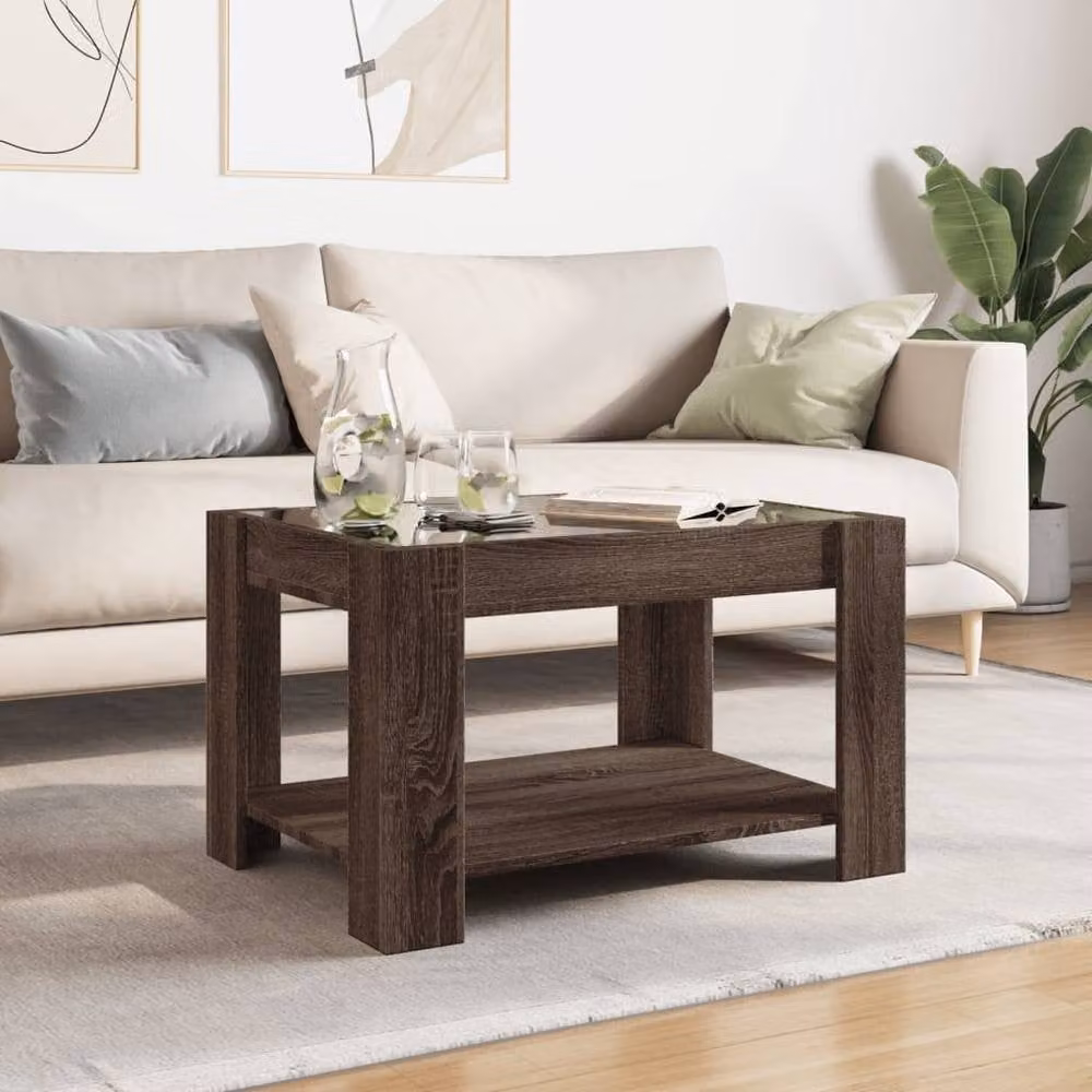 Berkfield Home Decorative LED Coffee Table in Brown Oak with Glass Top, W/D/H: 73 x 53 x 45 cm – 1