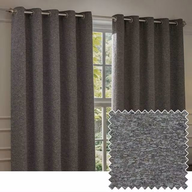 Paoletti Galaxy Velvet Chenille Eyelet Curtain Pair in Charcoal, Width: 229 cm, Drop: 183 cm