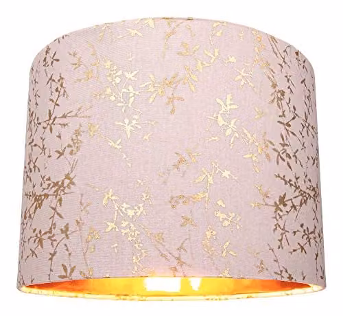 Happy Homewares Modern Round Pink Cotton Fabric Lamp Shade with Gold Floral Decoration, Diameter: 25 cm