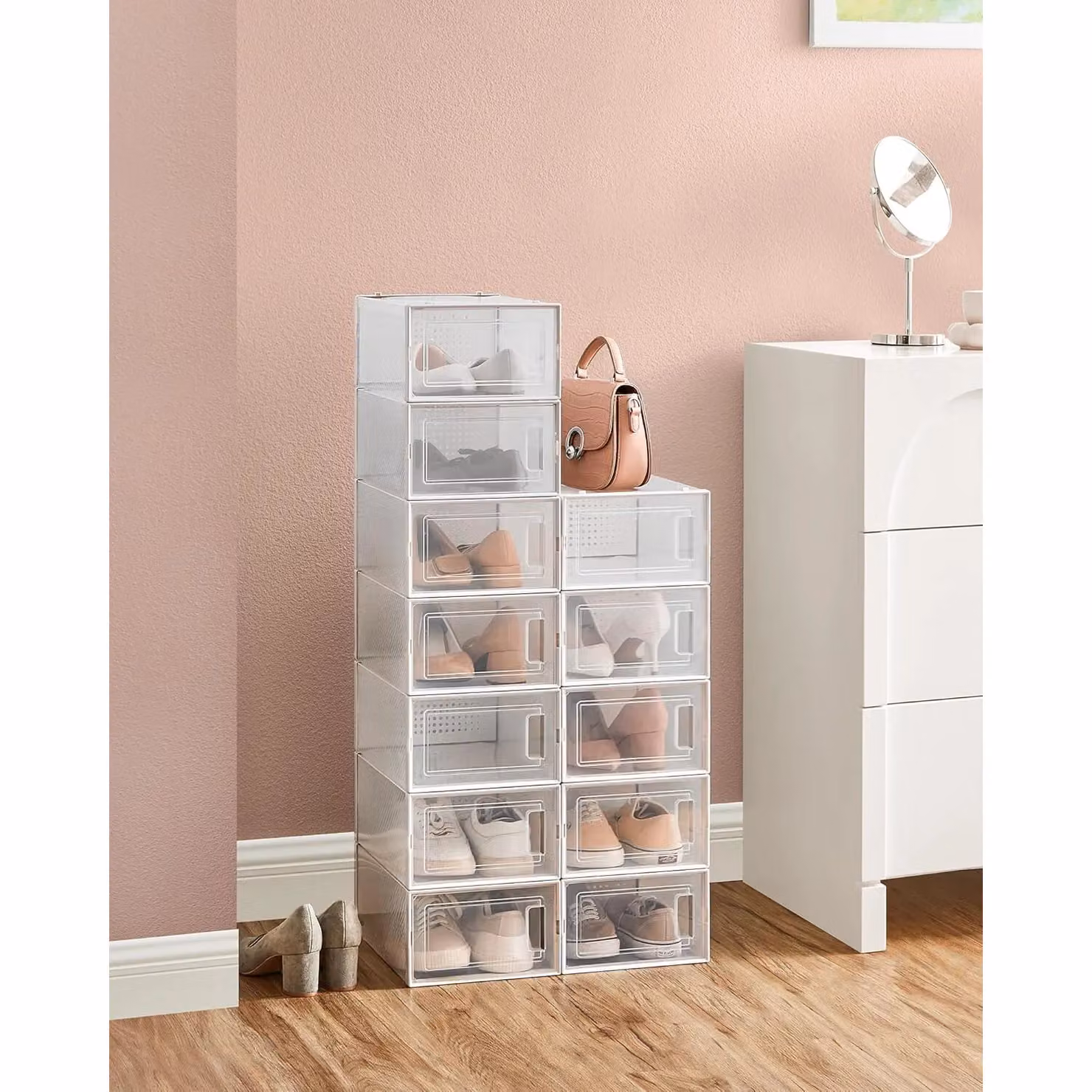 SONGMICS Pack of 15 Stackable and Foldable Small Shoe Storage Organisers in White and Transparent – 2