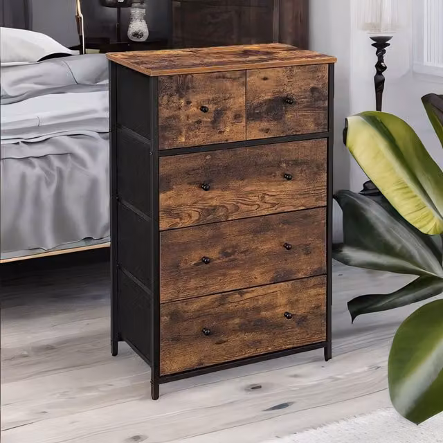 Furnold 5 Drawer Fabric Bedroom Dresser Storage Organiser in Rustic Brown and Black