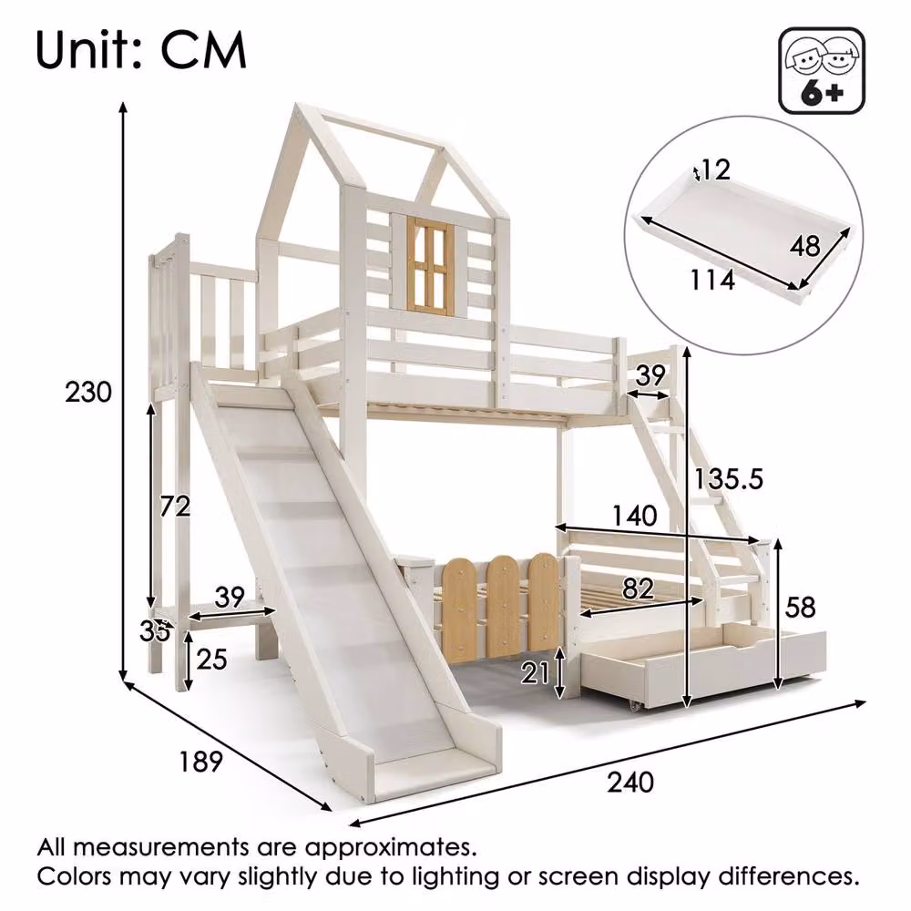 Rolipo White Wooden Kids Bunk Bed with Slide, Single over Double Cabin Bed in Natural White – 2