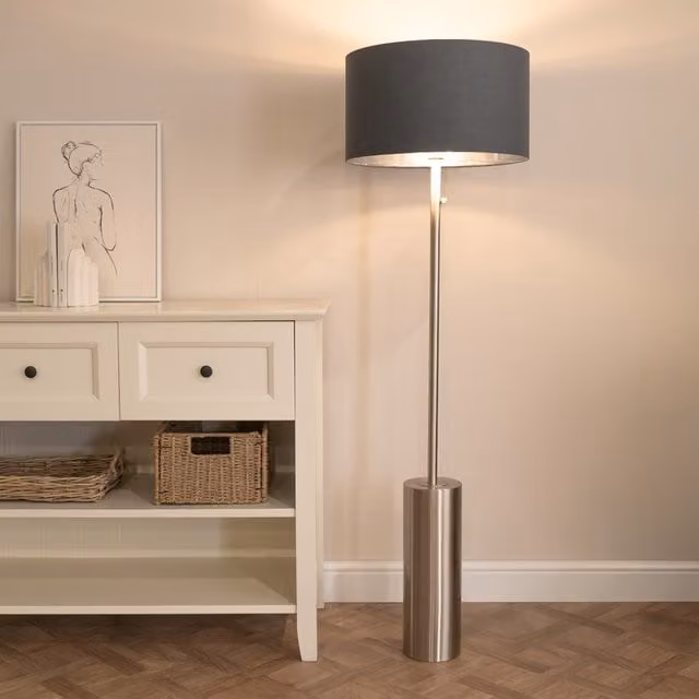 ValueLights Lexy Chrome Dimmable Floor Lamp with Fabric Cylinder Shade and Bulb in Anthracite Grey and Black