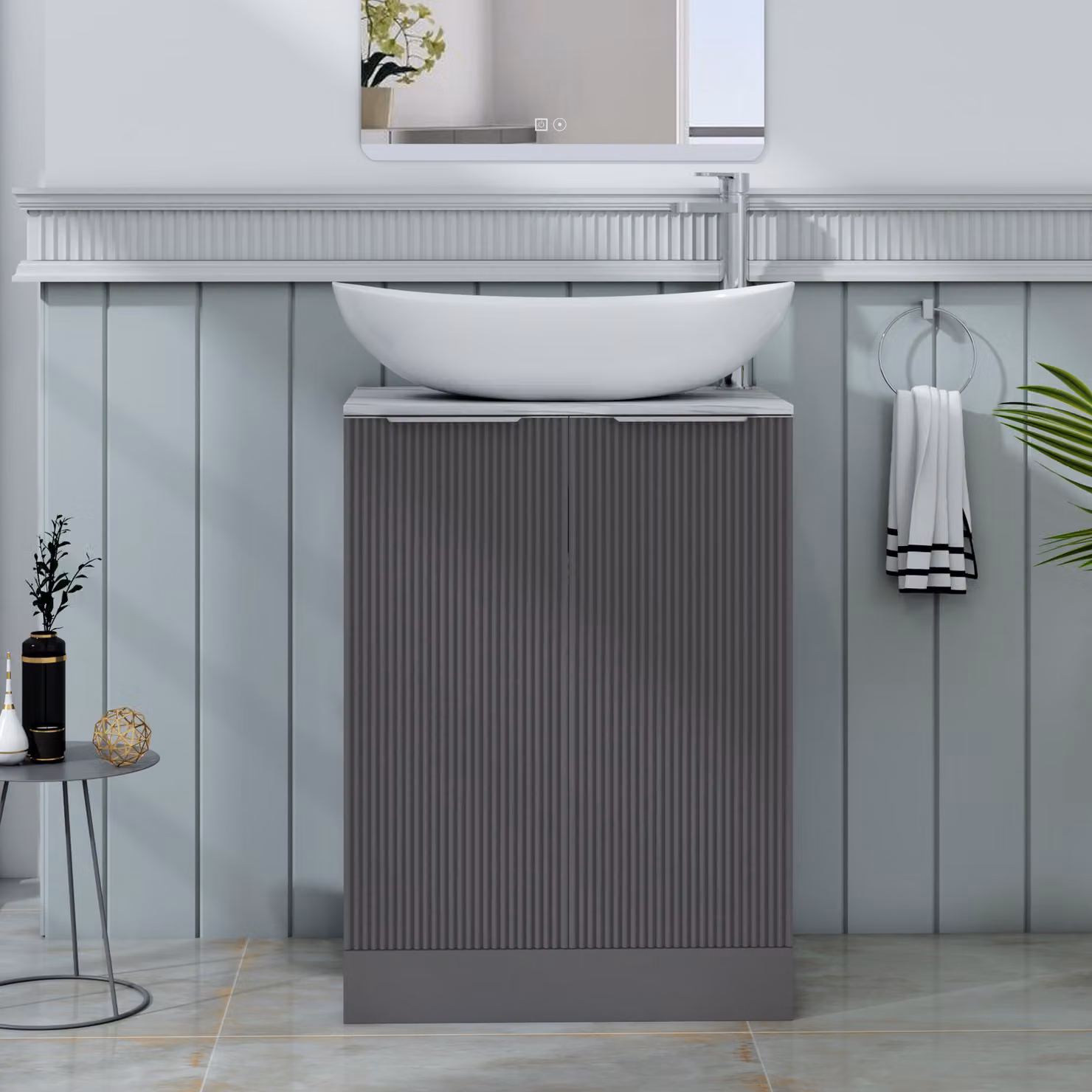 Royal Bathrooms Evora 600mm Graphite Grey Fluted Floor Standing Countertop Vanity Unit with Cesar Basin and 2 Soft Close Doors