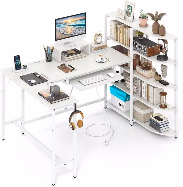 Gymax L-Shaped Corner Computer Desk with Storage Shelves in White – 1