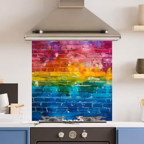Pride Brick Multicolour Toughened Glass Kitchen Splashback with Polished Edge, W: 60 cm, H: 60 cm, Thickness: 6 mm