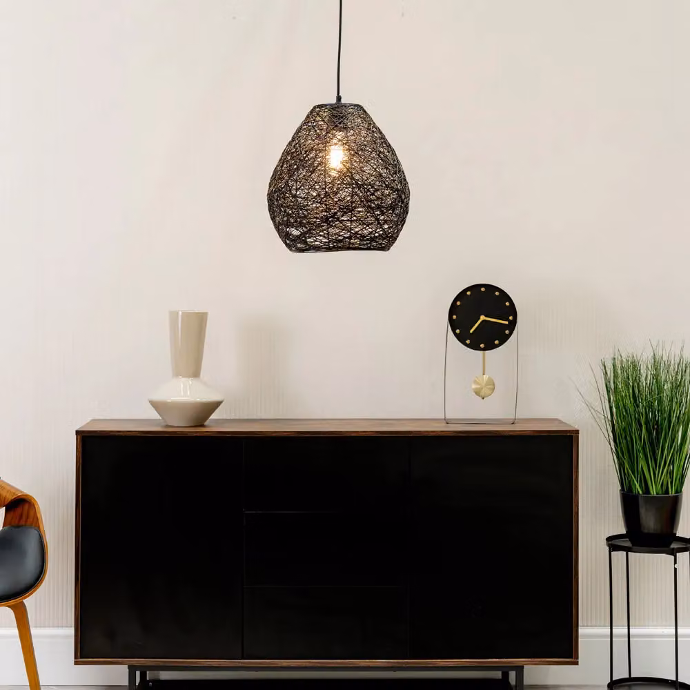 ValueLights Hopper Black Paper Rope Easyfit Pendant Light Shade with Bulb, Diameter: 35.56 cm – 3
