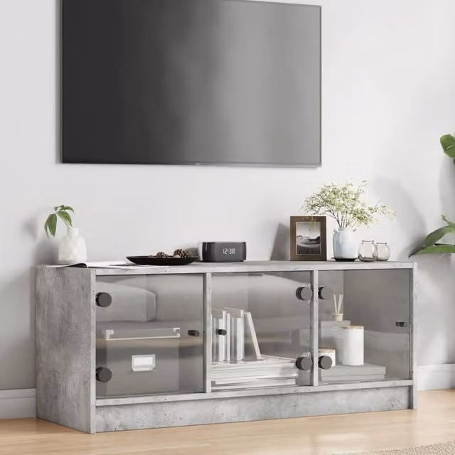 Berkfield Home TV Cabinet with Glass Doors in Concrete Grey, W/D/H: 102 x 37 x 42 cm
