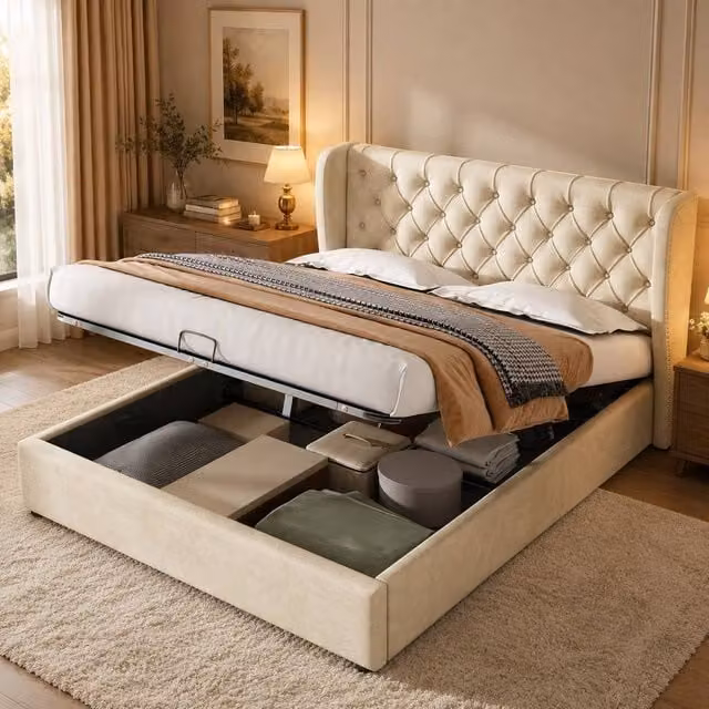 Merax Beige Velvet Upholstered Double Ottoman Storage Bed Frame, W: 135 cm x D: 190 cm