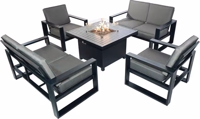Furniture One Grey Powder Coated Aluminium Garden Sofa Set with Cube Fire Pit Table, 2 Armchairs and 2 Loveseats