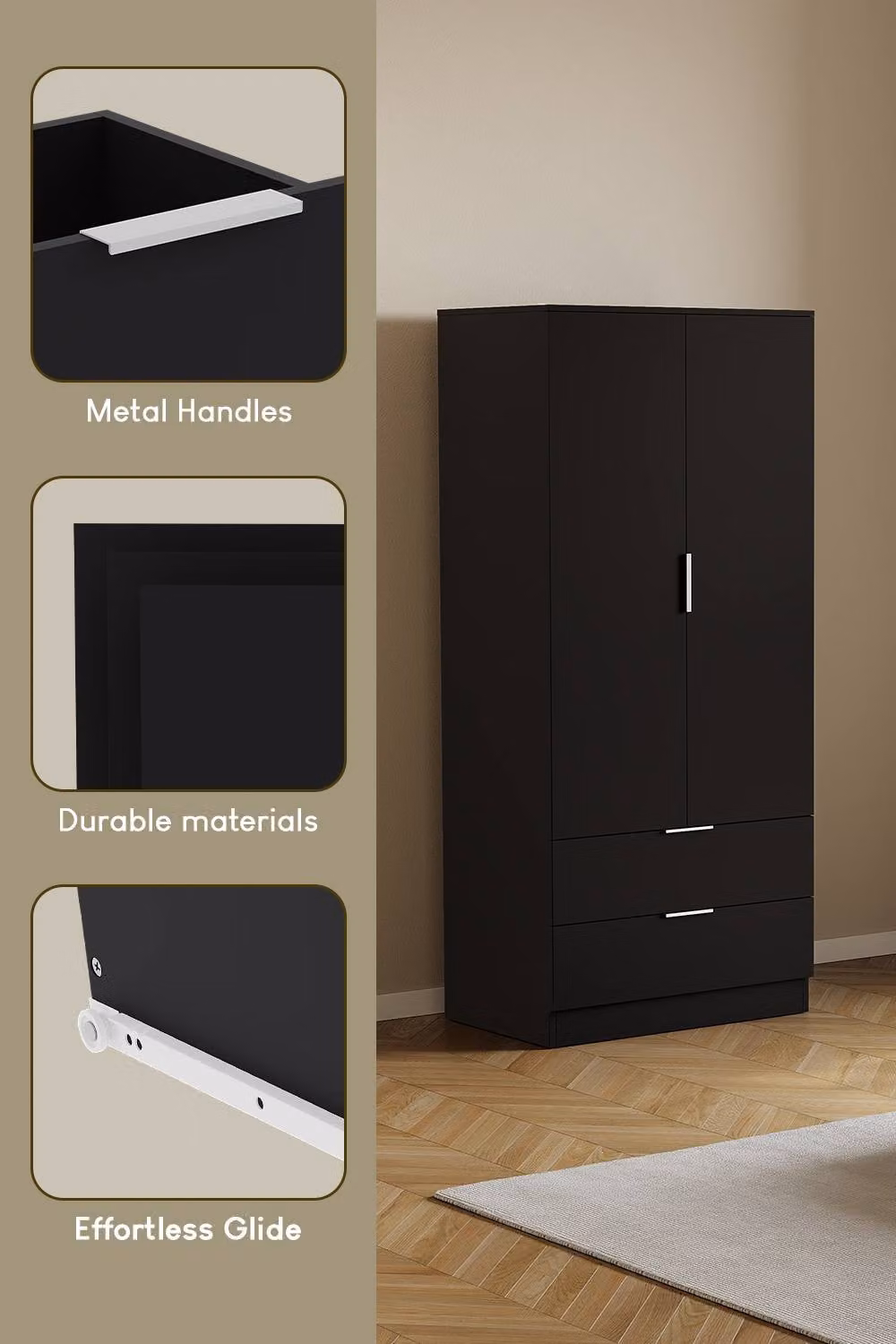 Vida Designs Trega Black 2 Door 2 Drawer Wardrobe with Hanging Rail and Internal Shelves – 4