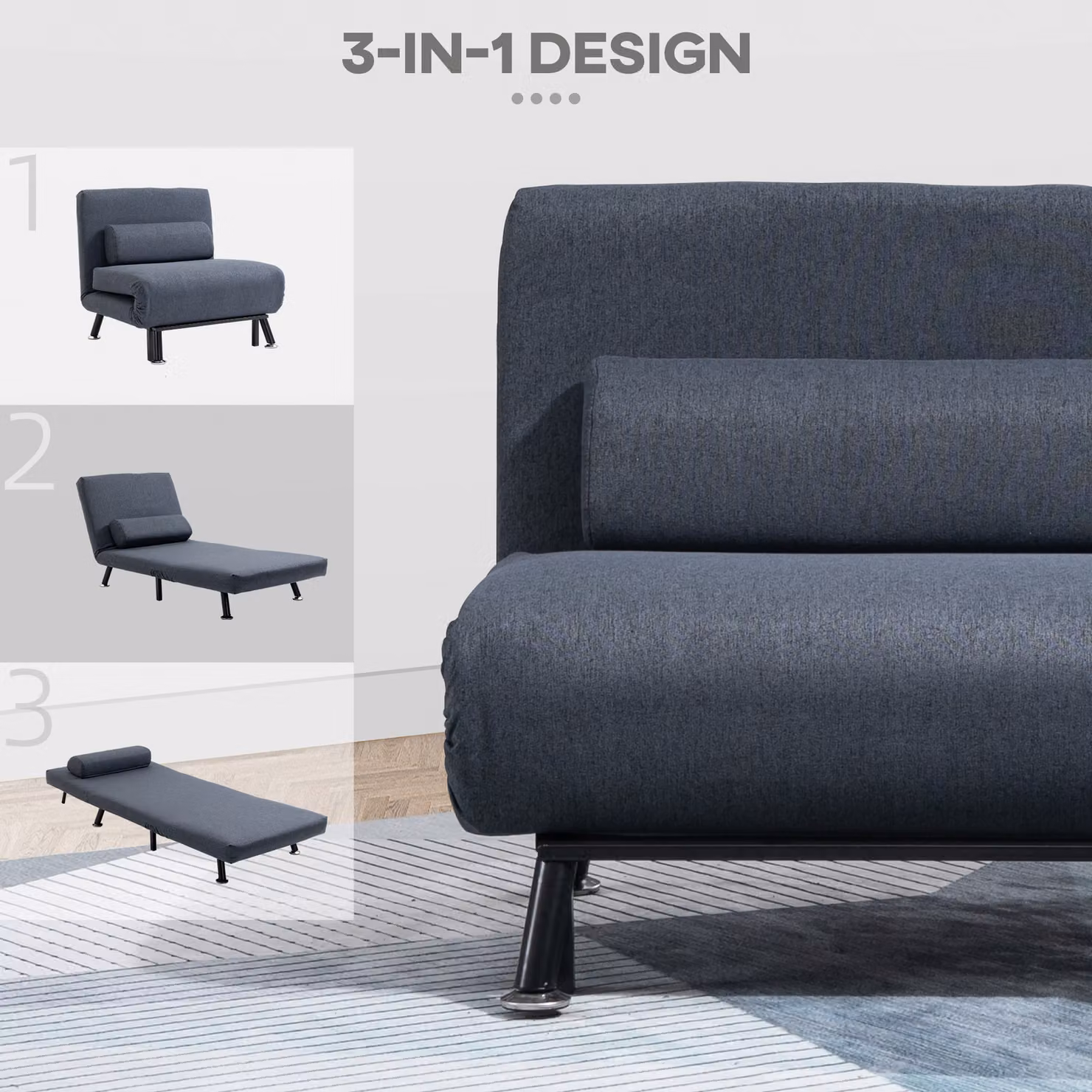 HOMCOM Single Sofa Bed Sleeper Chair in Dark Grey, Foldable Microfibre Fabric Guest Bed with Armrests and Click-Clack Function – 5