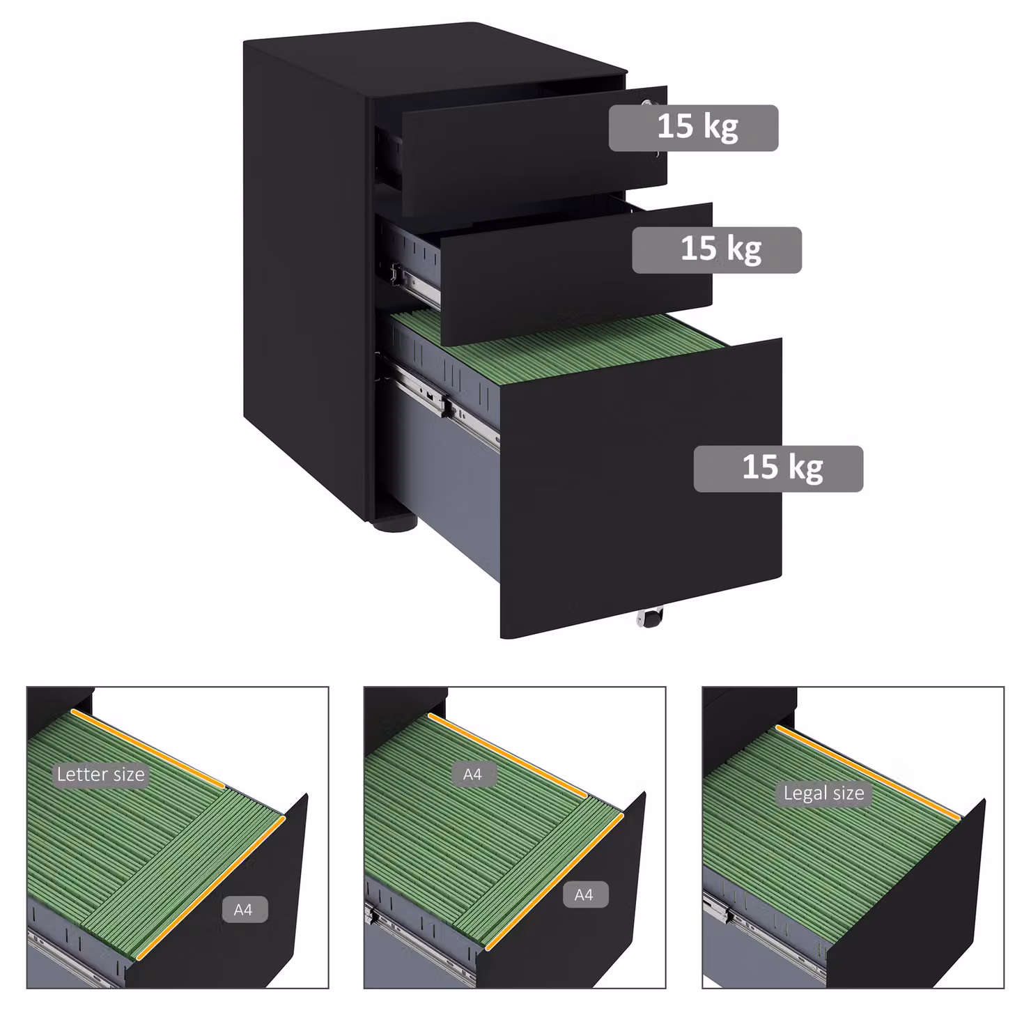 Vinsetto 3-Drawer Small Steel Filing Cabinet with Lock and Wheels, Black – 8