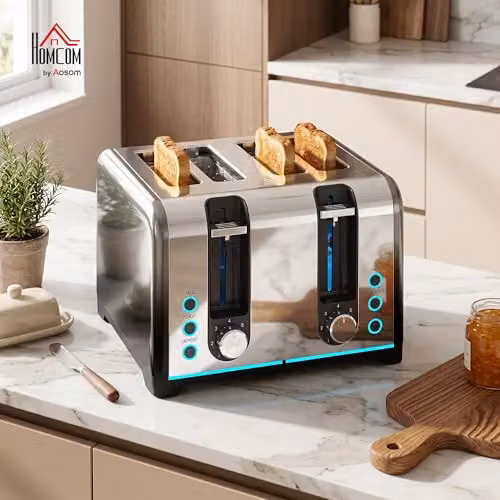 HOMCOM 4 Slice Toaster in Black with 1860W Power and Auto Shut-Off Function – 2