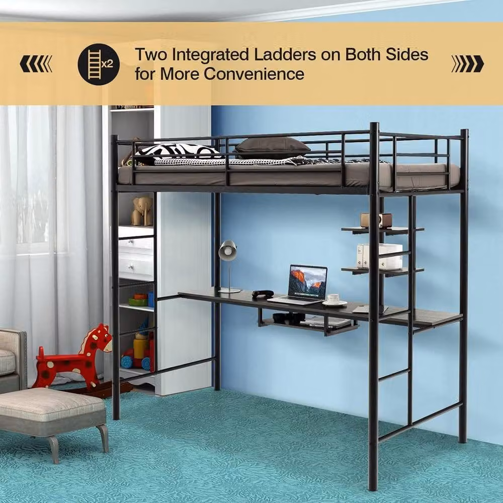 Costway Single Metal Loft Bed Frame High Sleeper with Desk and Storage Shelves, Black – 3