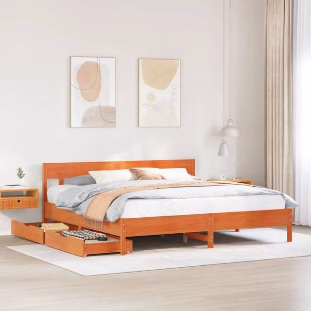 Berkfield Home Rustic Solid Wood Pine Bed Frame in Wax Brown, 200 x 200 cm