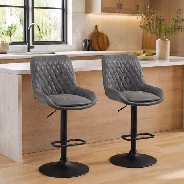 STILVORA Set of 2 Retro Swivel Bar Stools in Dark Grey PU Leather and Metal