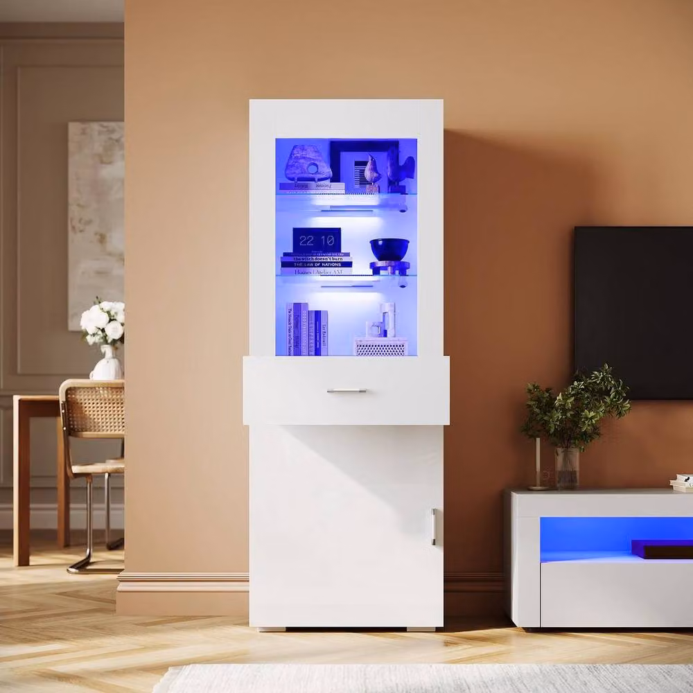 FLAVORA Modern High Gloss White Display Cabinet with Glass Doors and Internal Shelves, H 165 x W 35 x D 35 cm – 3