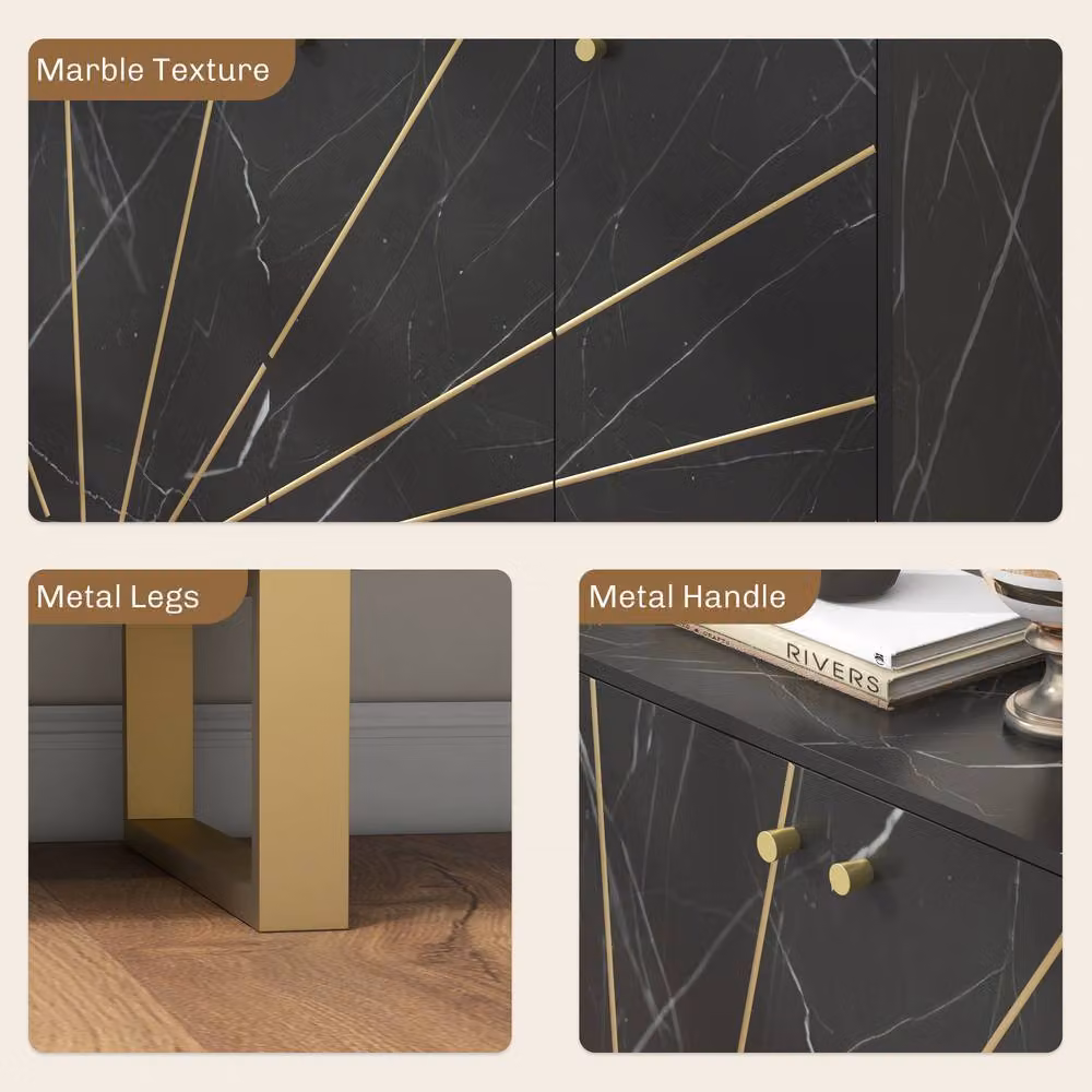 STILVORA Black Sideboard with Adjustable Shelves and Gold Tone Legs – 4