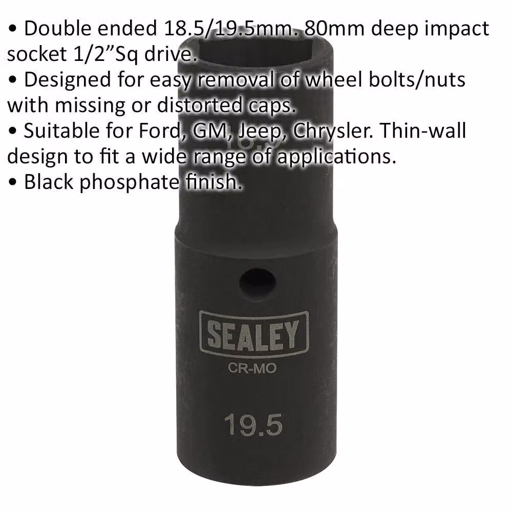 Loops Double Ended Deep Impact Socket Bit 18.5mm and 19.5mm with 1/2 inch Square Drive, 80mm Long – 2