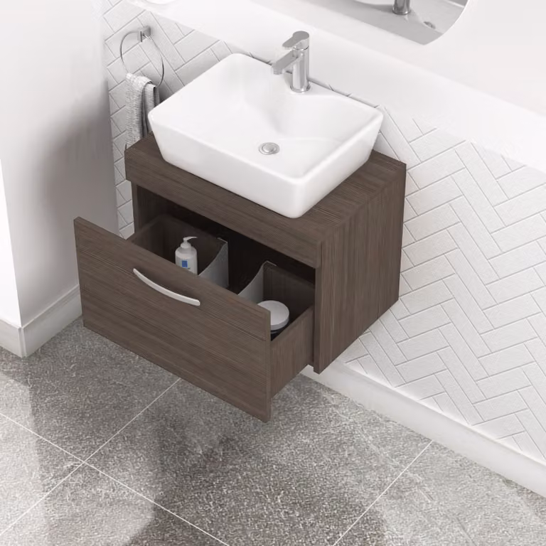 Royal Bathrooms Cube Wall Hung Vanity Unit with 1 Drawer and Countertop Basin in Grey Elm
