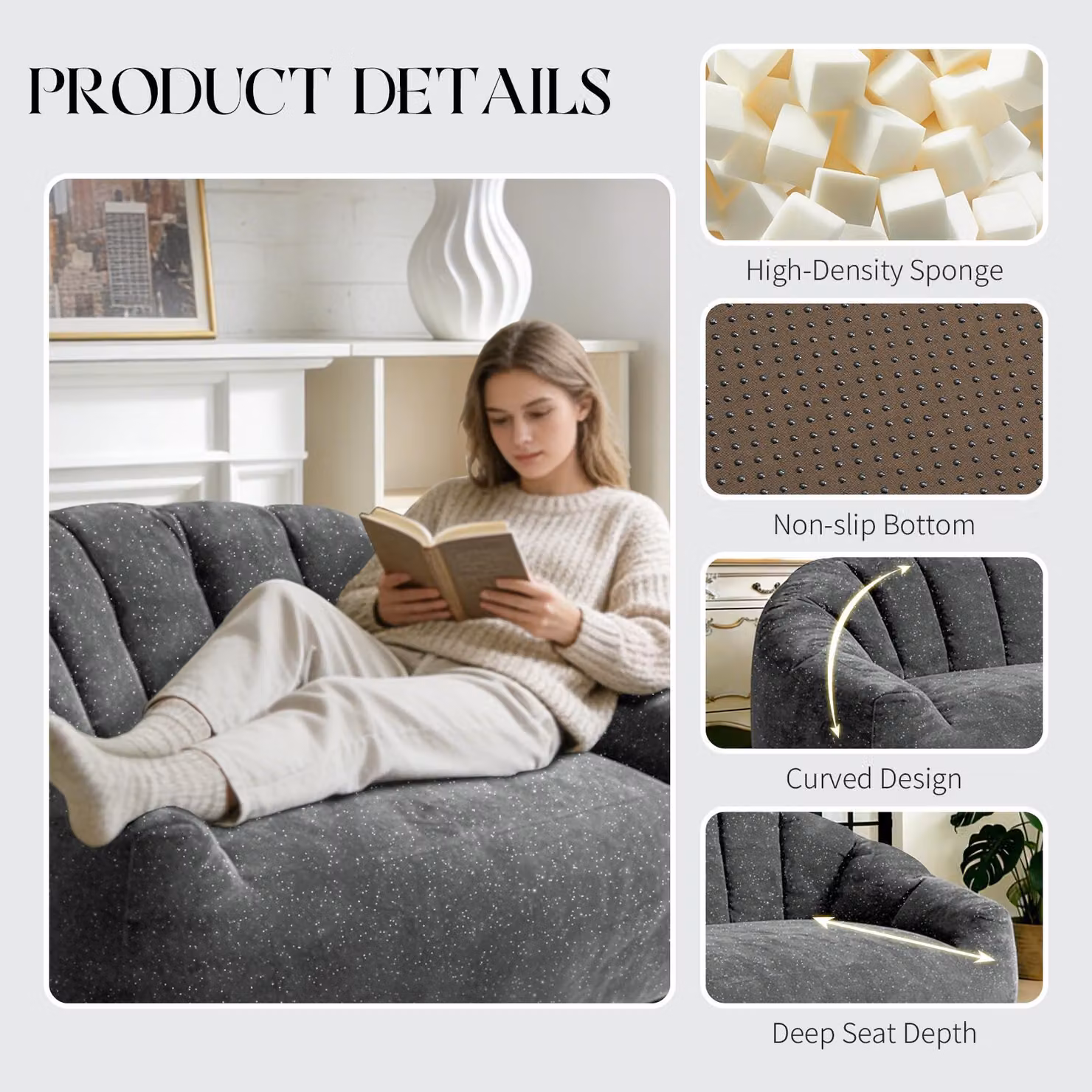 Aosom UK Oversized 2 Seater Bean Bag Sofa in Grey Glitter Plush with High-Density Sponge, W/D/H: 98 x 140 x 61 cm – 3