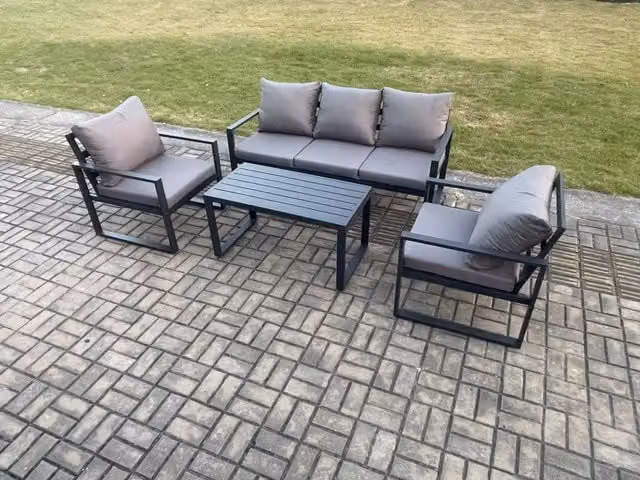 Fimous Modern Powder Coated Aluminium Outdoor Garden Furniture Set in Dark Grey with 3-Seater Sofa, 2 Armchairs and Coffee Table