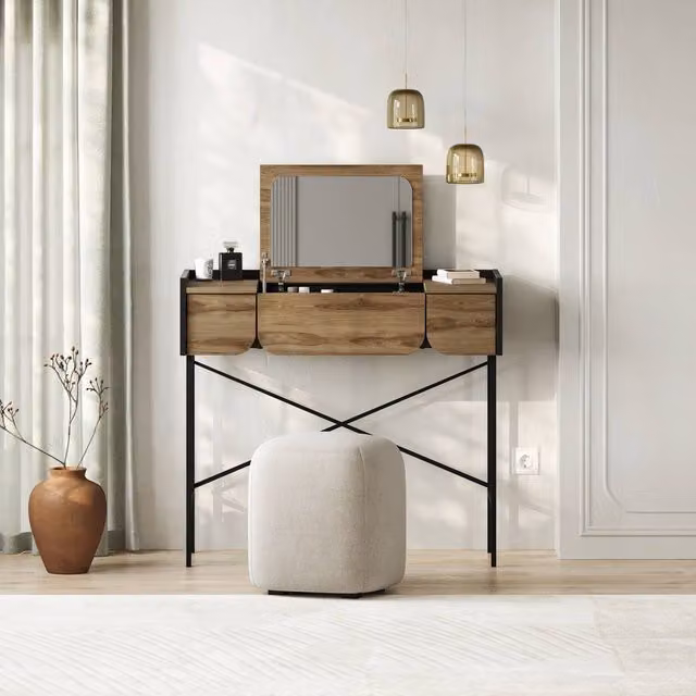 Decortie Terra Modern Dressing Table with Lift-Up Mirror and Two Drawers in Brown and Multicolour, W: 123.5 cm, D: 100.0 cm, H: 60.0 cm – 1