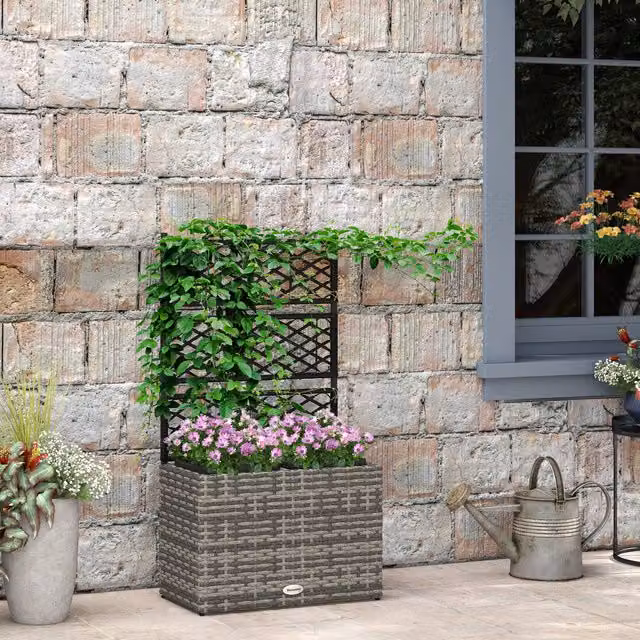 Outsunny Garden PE Rattan Planter with Trellis and Two Planter Boxes, Grey